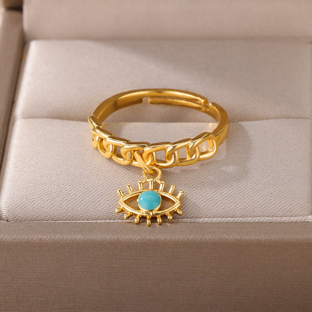 Blue Turkish Evil Eye Rings for Woman Adjustable Stainless Steel Gold Color Zircon Finger Ring Lucky Wedding Christmas Jewerly