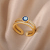 Blue Turkish Evil Eye Rings for Woman Adjustable Stainless Steel Gold Color Zircon Finger Ring Lucky Wedding Christmas Jewerly