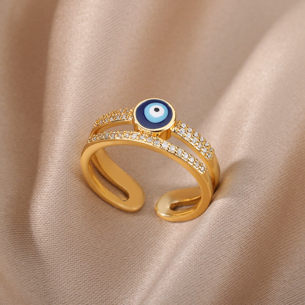 Blue Turkish Evil Eye Rings for Woman Adjustable Stainless Steel Gold Color Zircon Finger Ring Lucky Wedding Christmas Jewerly