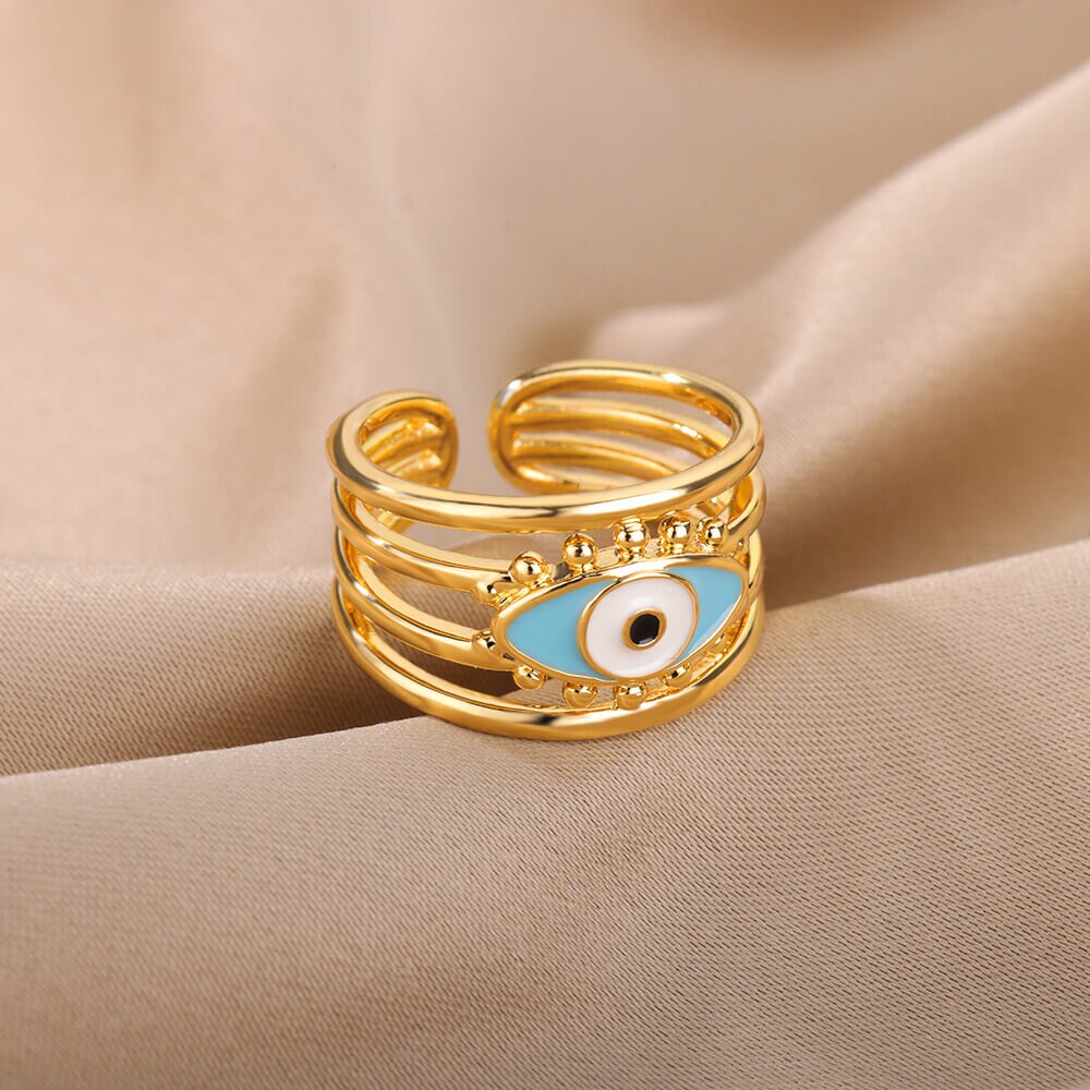 Blue Turkish Evil Eye Rings for Woman Adjustable Stainless Steel Gold Color Zircon Finger Ring Lucky Wedding Christmas Jewerly