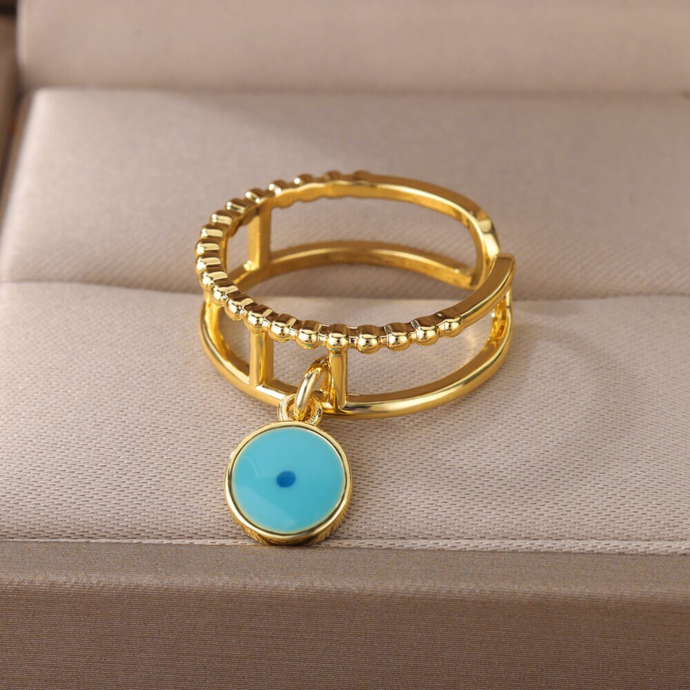 Blue Turkish Evil Eye Rings for Woman Adjustable Stainless Steel Gold Color Zircon Finger Ring Lucky Wedding Christmas Jewerly