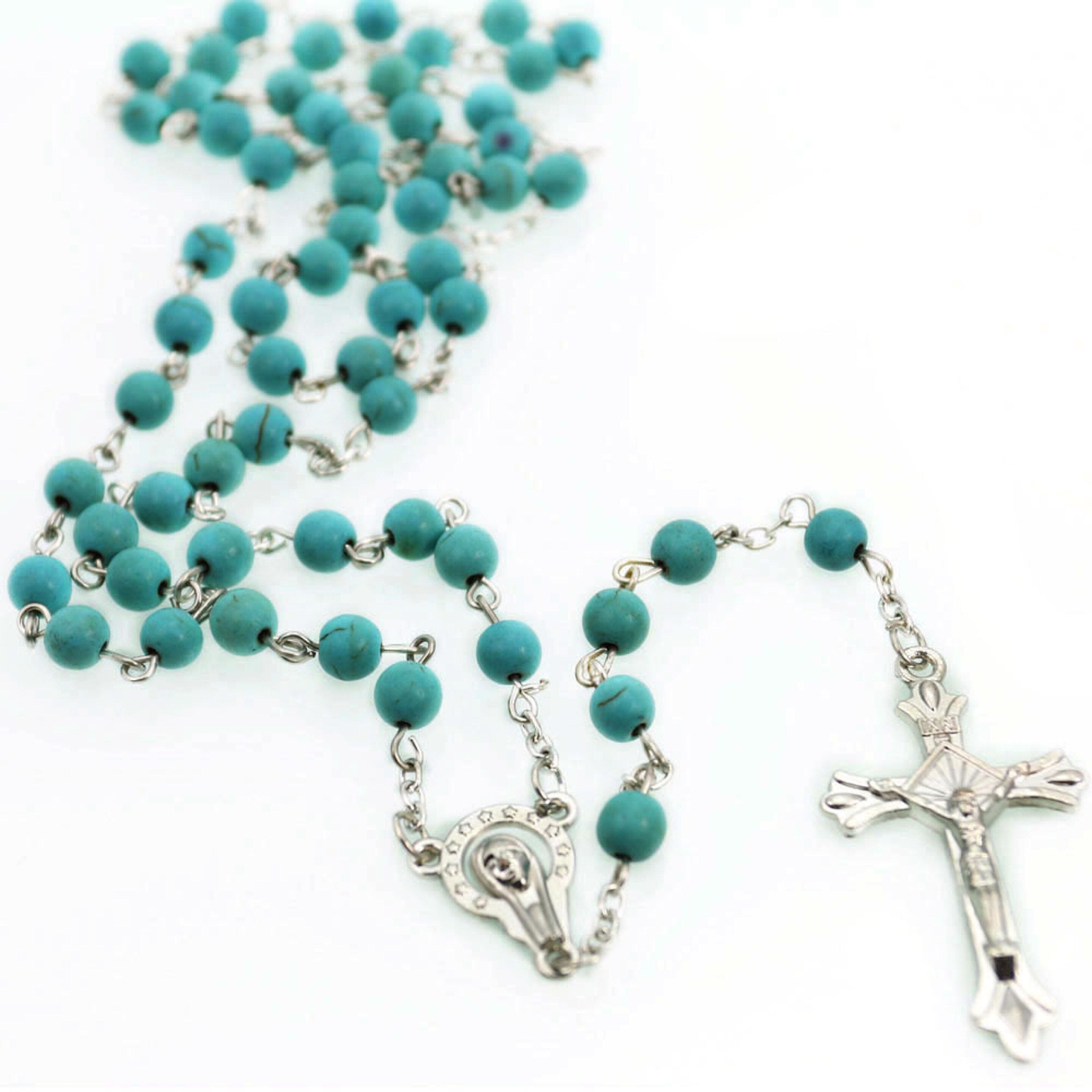 Blue Turquoise Cross Necklace Religious Christian Jewelry Cross Natural Stone Necklace 6mm Rosary