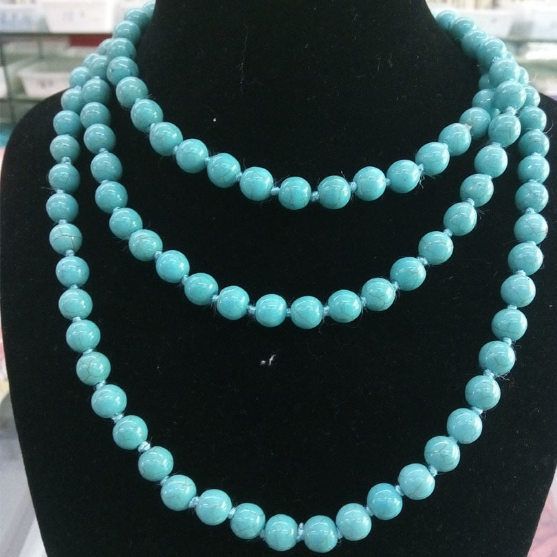 Blue Turquoises Necklaces Fashion Turquoises Round Bead Strand Statement Stone Long Necklace for Women Minimalist Jewelry Gift