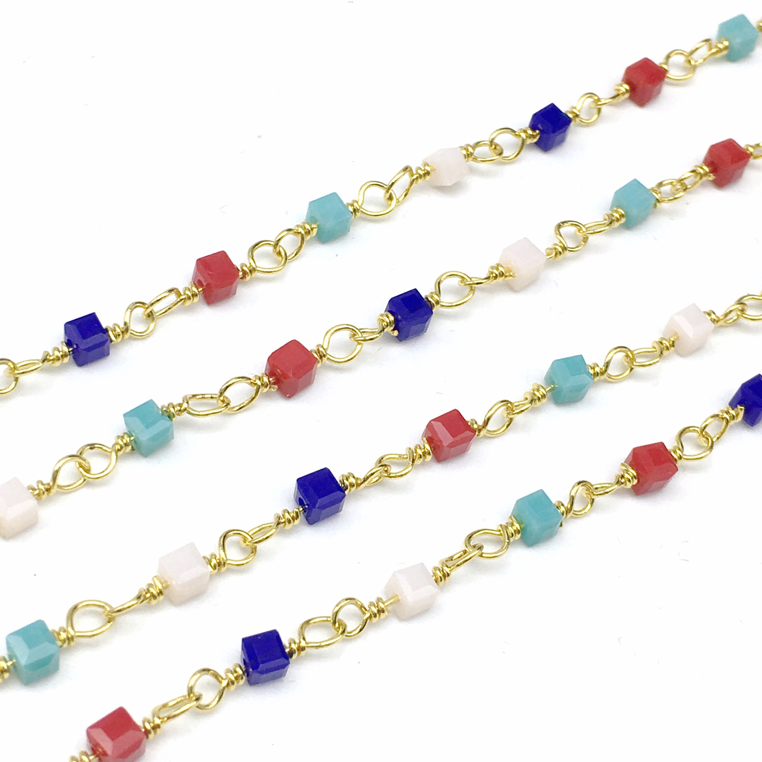 Blue White Red Glass Rosary Chains Findings,3mm Small Cube Glass Light Aqua Wire Wrapped Bronze Plating Copper Jewelry