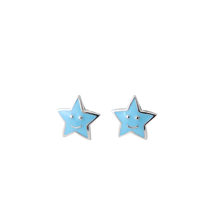 Blue/Yellow Enamel Smile Stars 925 Sterling Silver Stud Earrings