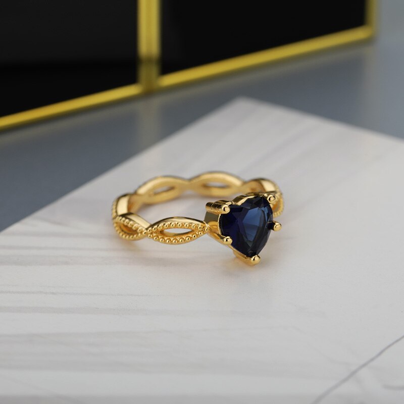 Blue Zircon Heart Rings For Women Gold Color Crystal Finger Ring 2023 Trend Engagement Wedding Band Jewelry bague femme