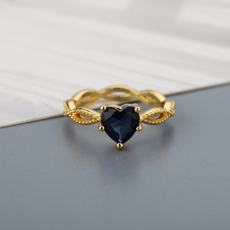 Blue Zircon Heart Rings For Women Gold Color Crystal Finger Ring 2023 Trend Engagement Wedding Band Jewelry bague femme