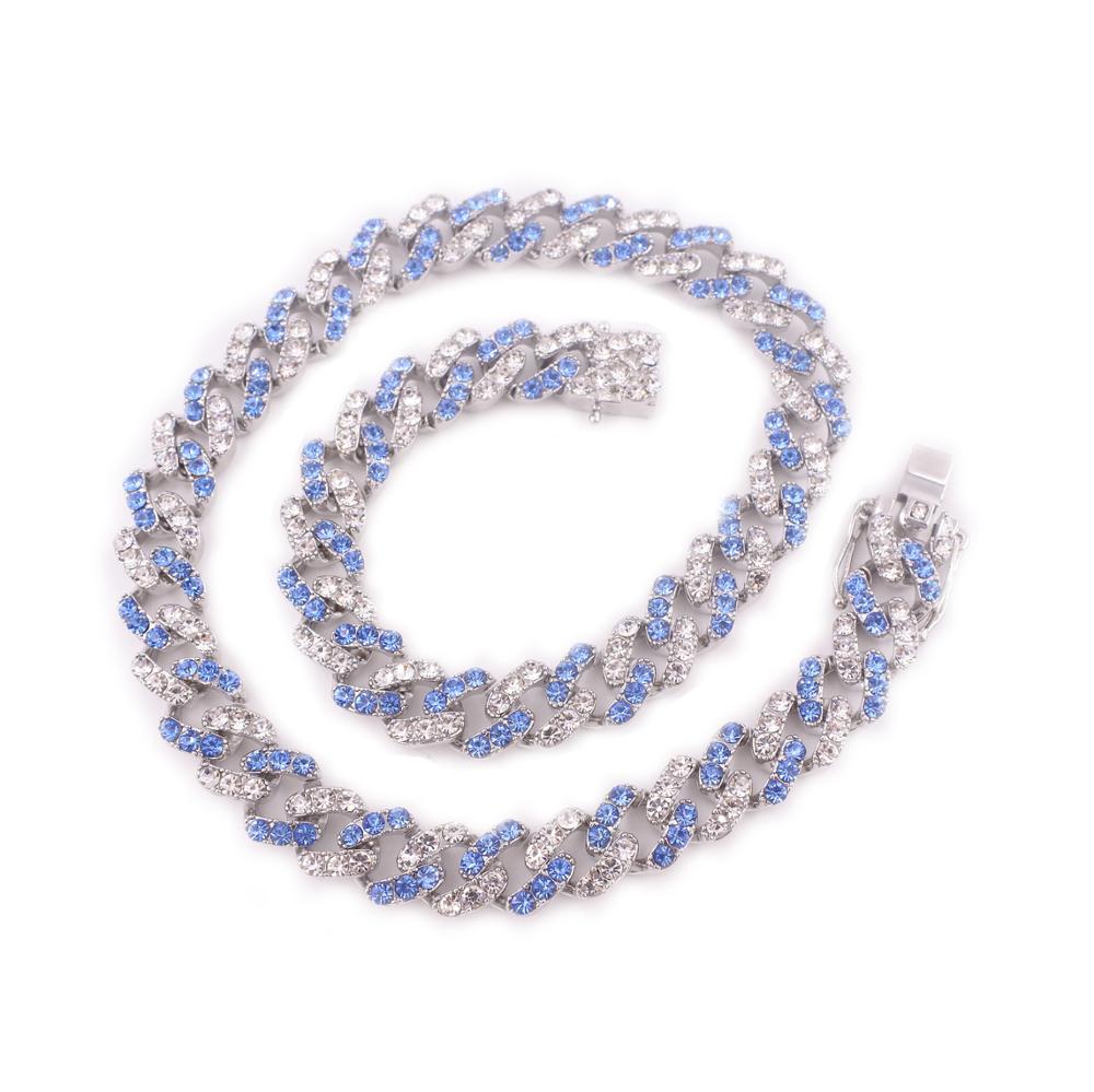 Blue crystal hip hop necklace for women miami cuban link chain rapper punk iced out red rhinestone rose gold silver color choker