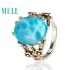 Blue natural larimar silver 925 rings for women,classical oval gemstone jewelry,vintage style with flowers