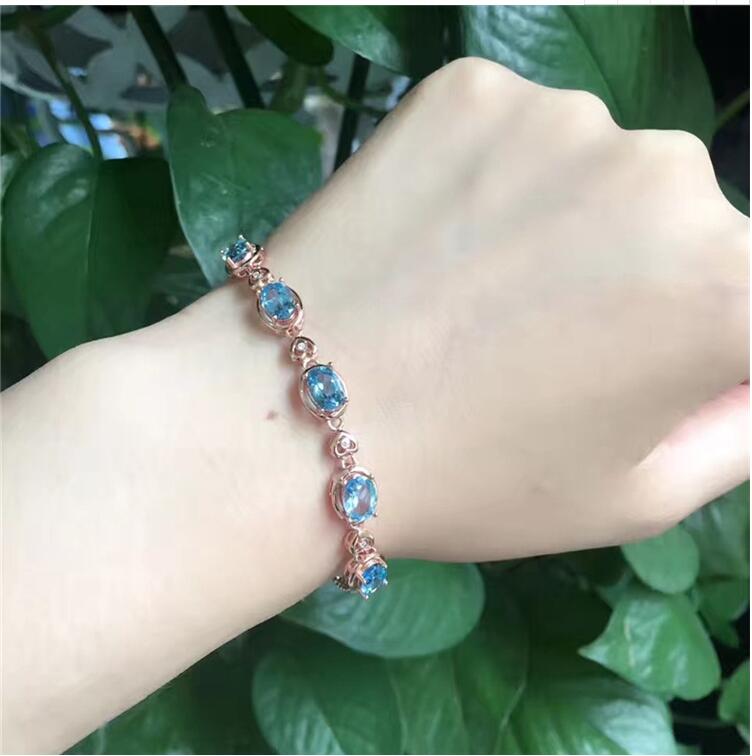 Blue topaz chain bracelet Free shipping Real natural blue topaz 925 sterling silver 5*7mm 5pcs