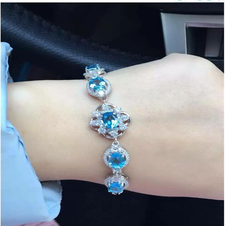 Blue topaz chain bracelet Free shipping Real natural blue topaz 925 sterling silver 6*8mm 5pcs