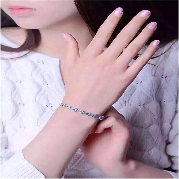 Blue topaz chain bracelet Free shipping Real natural love Heart blue topaz 925 sterling silver 6*6mm 8pcs