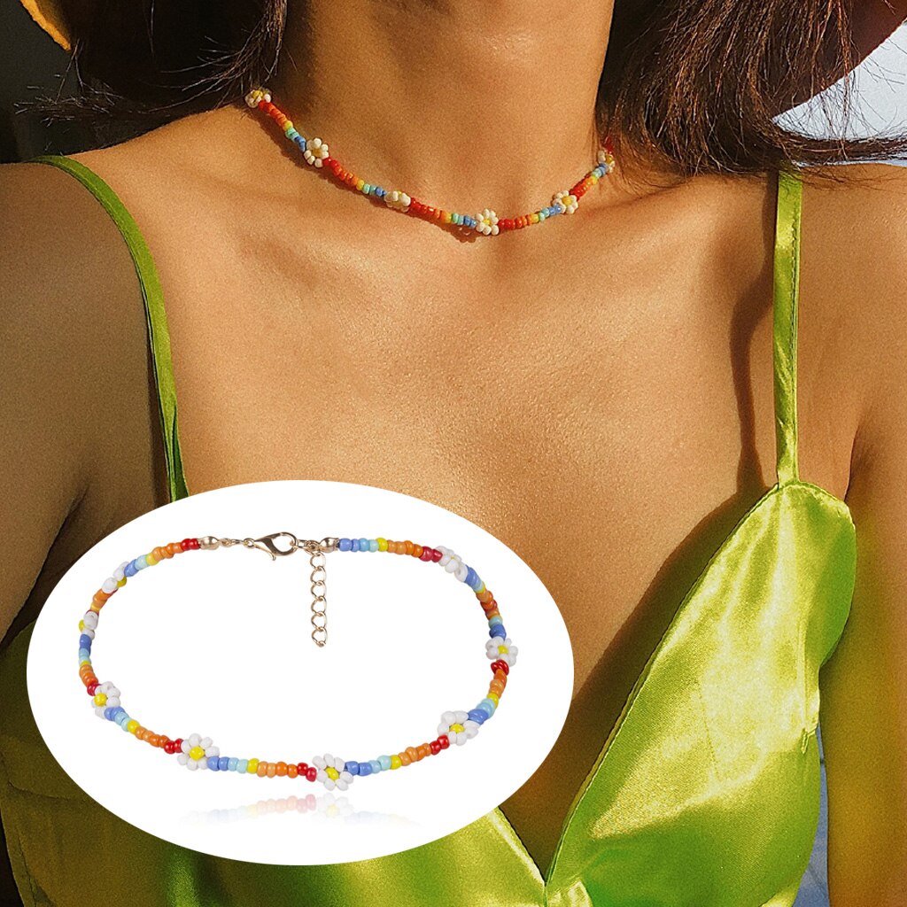 Bohemia Beaded Daisy Choker Necklace for Women Girls Summer Beach Jewelry Sweet Boho Colorful Beads Choker Necklaces