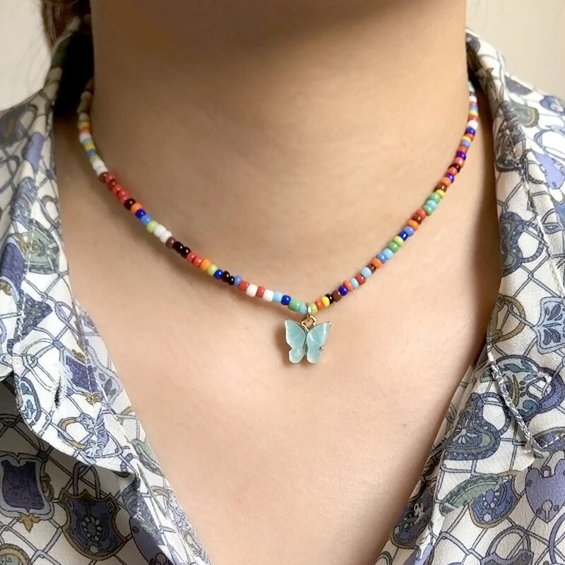 Bohemia Beads Choker Female Colorful Candy Neaklace With Butterfly Pendant Circle Lariat Bead Clavicle Chain Collar Jewelry Girl