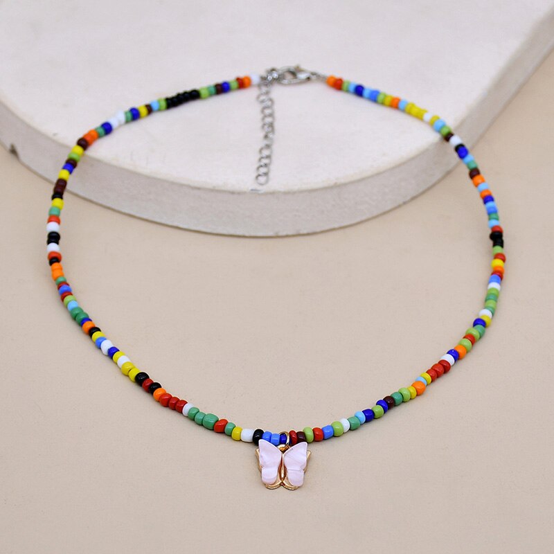 Bohemia Beads Choker Female Colorful Candy Neaklace With Butterfly Pendant Circle Lariat Bead Clavicle Chain Collar Jewelry Girl