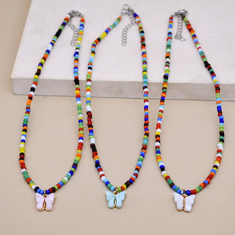 Bohemia Beads Choker Female Colorful Candy Neaklace With Butterfly Pendant Circle Lariat Bead Clavicle Chain Collar Jewelry Girl