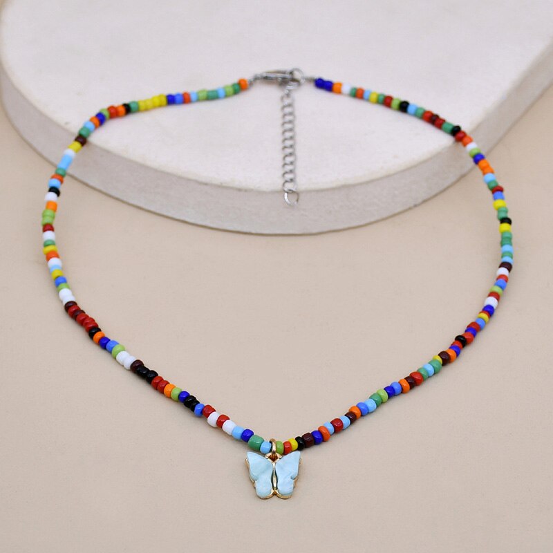 Bohemia Beads Choker Female Colorful Candy Neaklace With Butterfly Pendant Circle Lariat Bead Clavicle Chain Collar Jewelry Girl