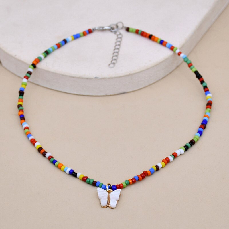 Bohemia Beads Choker Female Colorful Candy Neaklace With Butterfly Pendant Circle Lariat Bead Clavicle Chain Collar Jewelry Girl