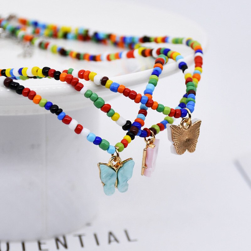 Bohemia Beads Choker Female Colorful Candy Neaklace With Butterfly Pendant Circle Lariat Bead Clavicle Chain Collar Jewelry Girl