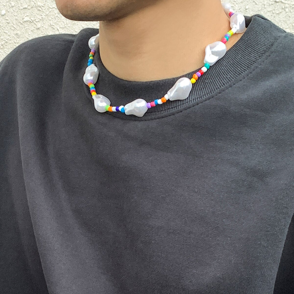 Bohemia Big Baroque Simulated Pearls Beaded Clavicle Chain Choker Necklace For Women Men Multicolor Seed Beads Chain Jewelry