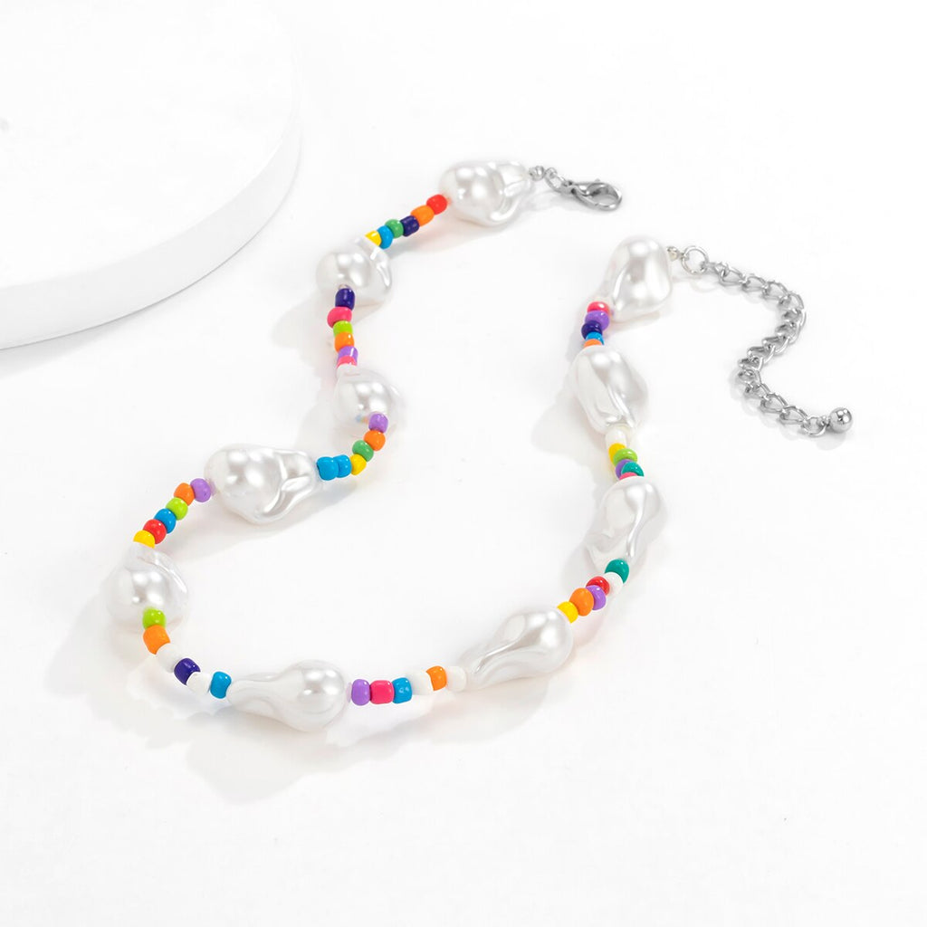 Bohemia Big Baroque Simulated Pearls Beaded Clavicle Chain Choker Necklace For Women Men Multicolor Seed Beads Chain Jewelry