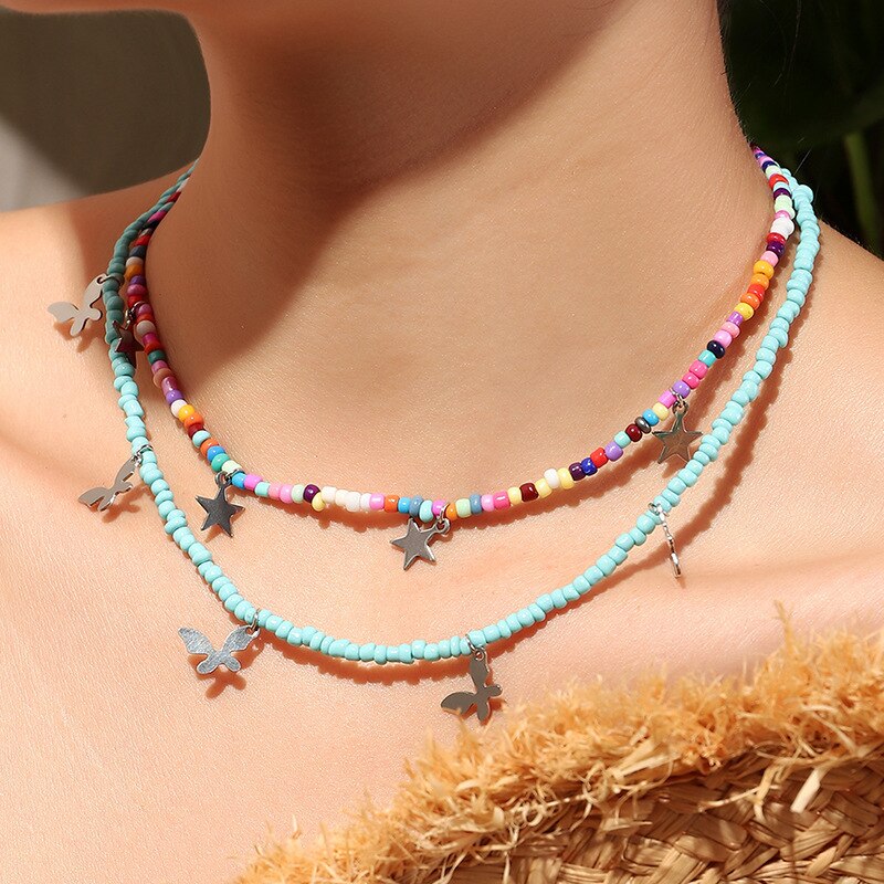 Bohemia Candy Color Beads Choker Multilayer Necklaces Womens Star Butterfly Letter Pendant Chain Neck Party Beach Jewelry Girls