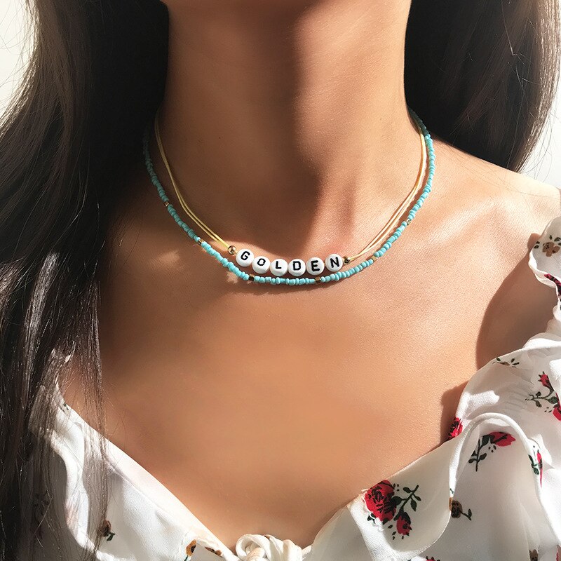 Bohemia Candy Color Beads Choker Multilayer Necklaces Womens Star Butterfly Letter Pendant Chain Neck Party Beach Jewelry Girls