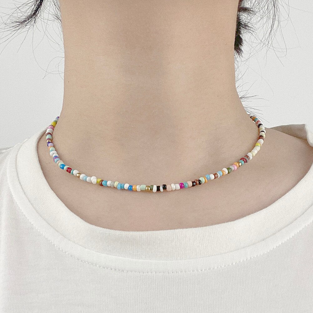 Bohemia Colorful Rice Beads Strand Necklaces For Women Teens Girls Adjustable Clavicle Choker Necklace Trendy Beach Jewelry