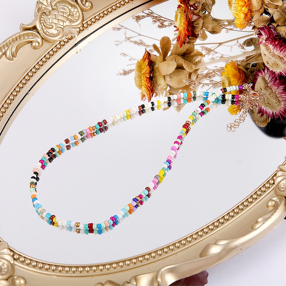 Bohemia Colorful Rice Beads Strand Necklaces For Women Teens Girls Adjustable Clavicle Choker Necklace Trendy Beach Jewelry