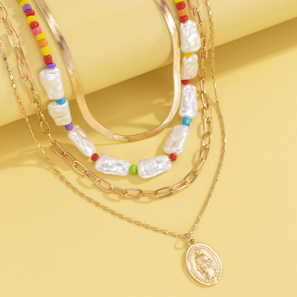 Bohemia Cute Colorful Beaded Chain Transparent Rainbow Beaded Baroque Pearls Necklace for Women Party Bitch Letters Necklace