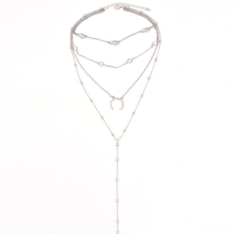 Bohemia Elephant Moon Circular Chain Multi Layer Silver Pendant Necklace Women's Personality Clothing Jewelery Accessories