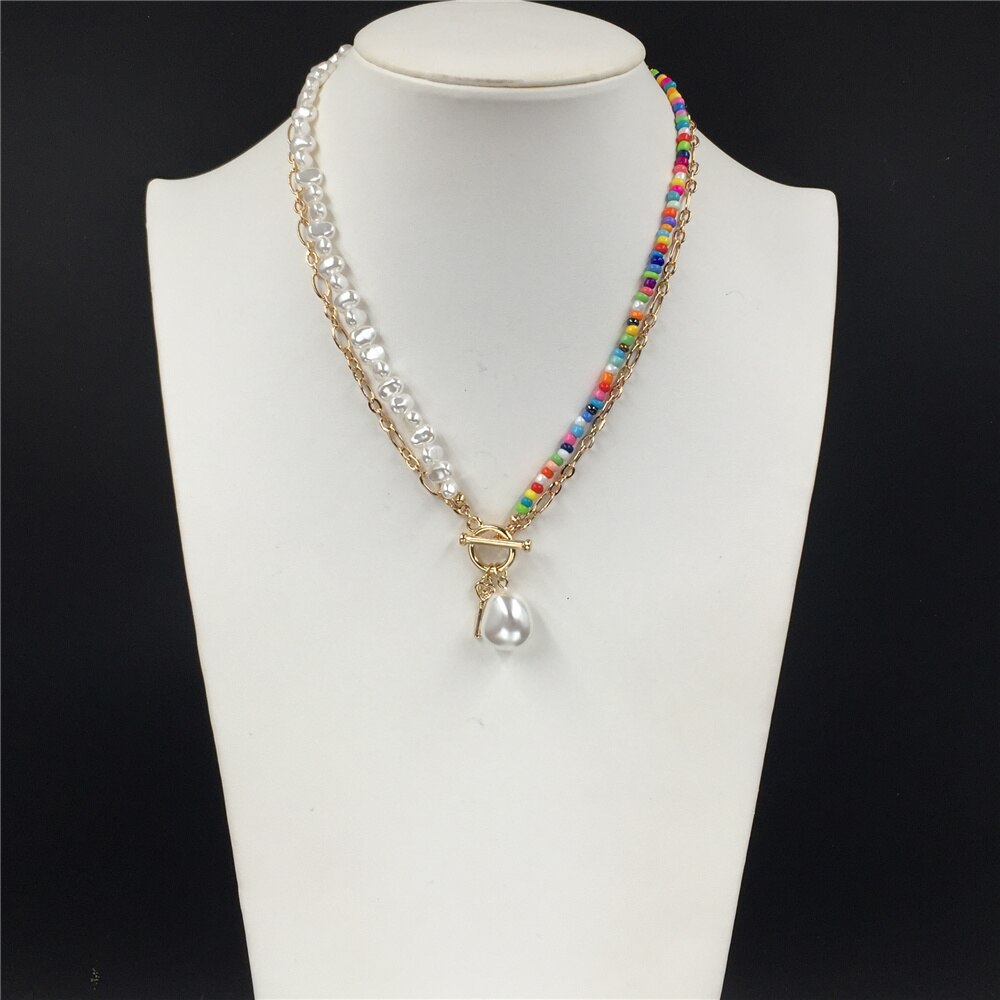 Bohemia Gold Color Plating Irregular Pearl Colorful Bead Strand Key Charm T O Bar Necklace For Women Girl Elegant Gorgeous Jewel