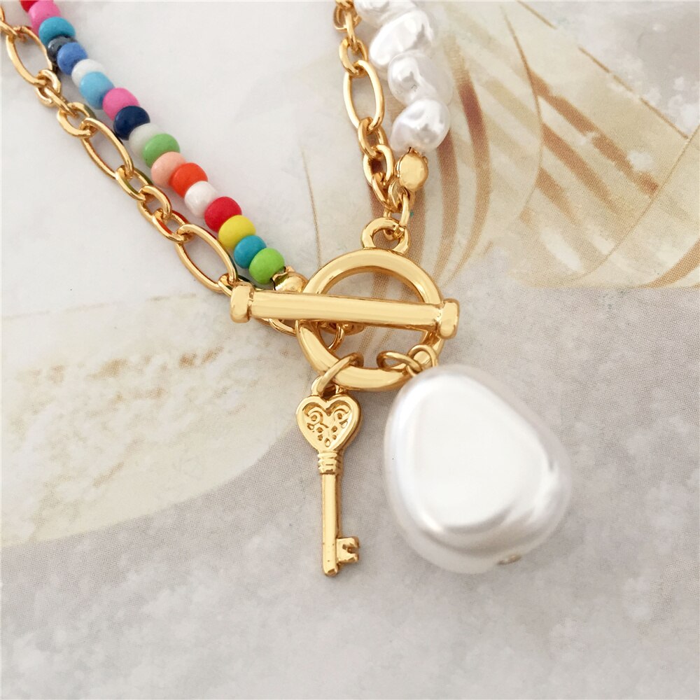 Bohemia Gold Color Plating Irregular Pearl Colorful Bead Strand Key Charm T O Bar Necklace For Women Girl Elegant Gorgeous Jewel