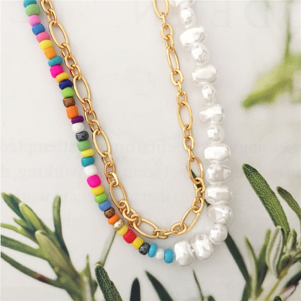 Bohemia Gold Color Plating Irregular Pearl Colorful Bead Strand Key Charm T O Bar Necklace For Women Girl Elegant Gorgeous Jewel
