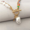 Bohemia Gold Color Plating Irregular Pearl Colorful Bead Strand Key Charm T O Bar Necklace For Women Girl Elegant Gorgeous Jewel