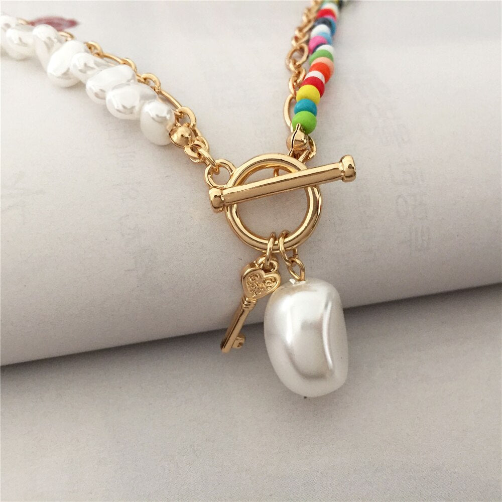 Bohemia Gold Color Plating Irregular Pearl Colorful Bead Strand Key Charm T O Bar Necklace For Women Girl Elegant Gorgeous Jewel
