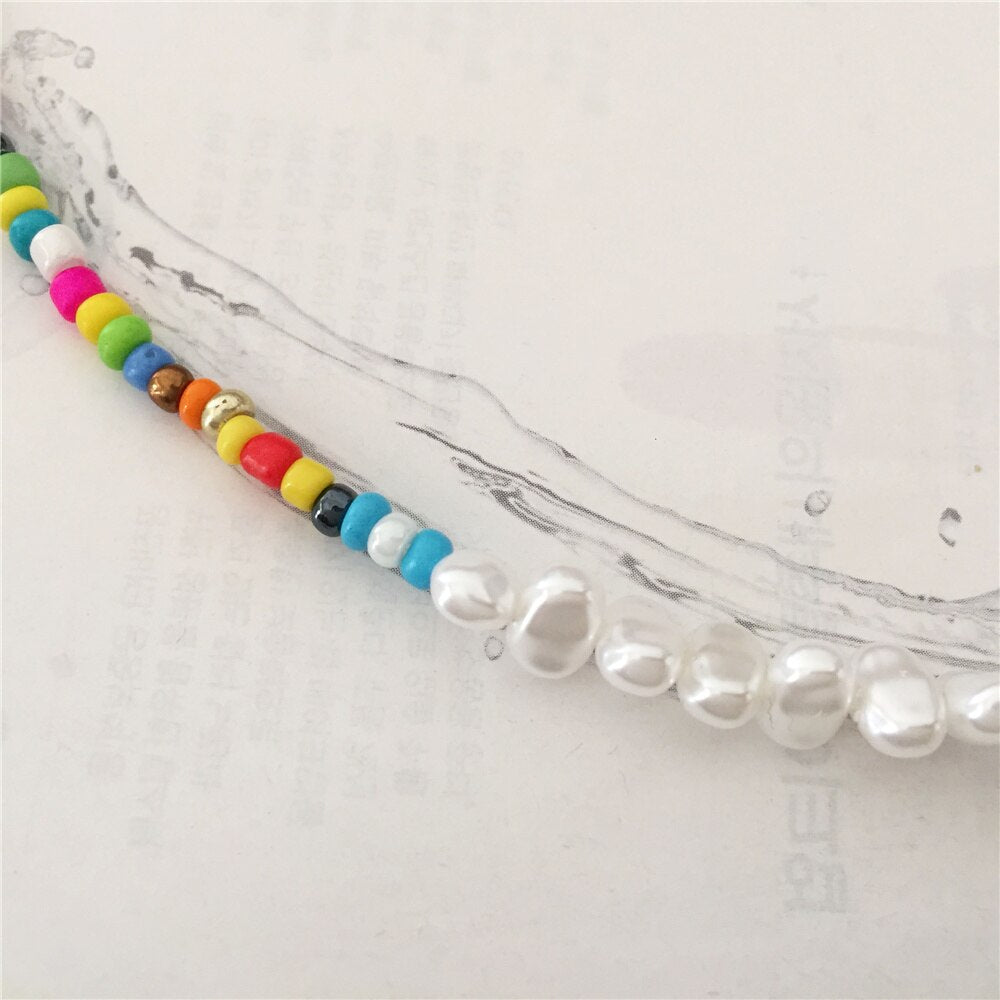 Bohemia Gold Color Plating Irregular Pearl Colorful Bead Strand Key Charm T O Bar Necklace For Women Girl Elegant Gorgeous Jewel