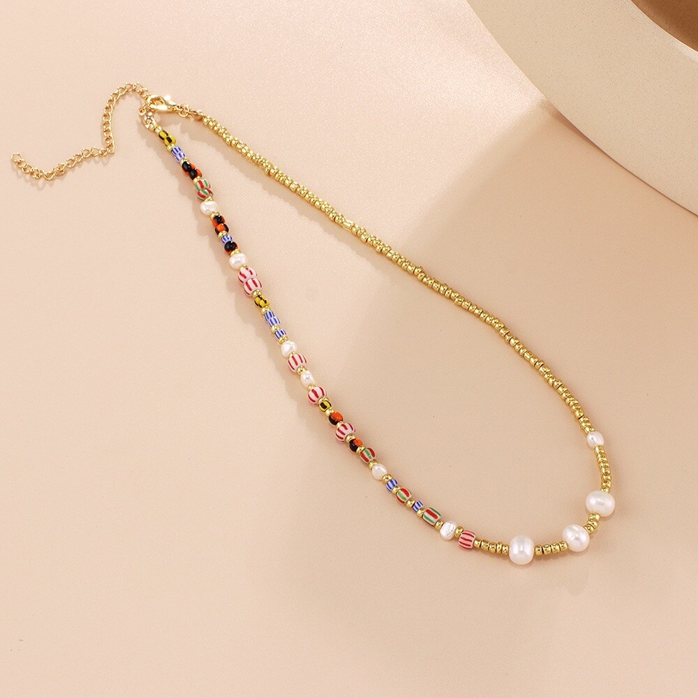 Bohemia Hand-made Seed Beads Clavicle Chain Necklaces for Women with Nature Fresh Water Pearl Celebrity Favorite Jewelry