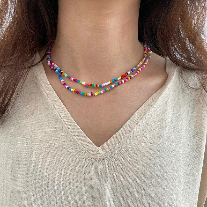 Bohemia Handmade Colorful Beaded Necklace For Women Statement Double Layer Choker Necklaces Girl Party Jewelry Collares De Moda