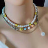 Bohemia Multilayer Smiley Pearl Rainbow Beaded Choker Necklace For Women Acrylic Flower Beads Chain Necklaces Beach Jewelry