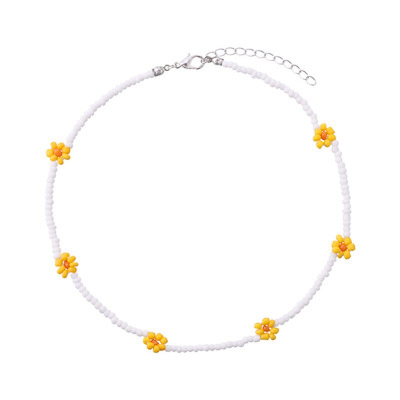 Bohemia  Korea Lovely Daisy Flowers Colorful Rice Beaded Charm Statement Short Choker Necklace for Women Vacation Jewelry