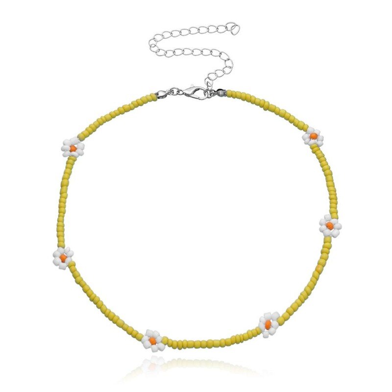 Bohemia  Korea Lovely Daisy Flowers Colorful Rice Beaded Charm Statement Short Choker Necklace for Women Vacation Jewelry