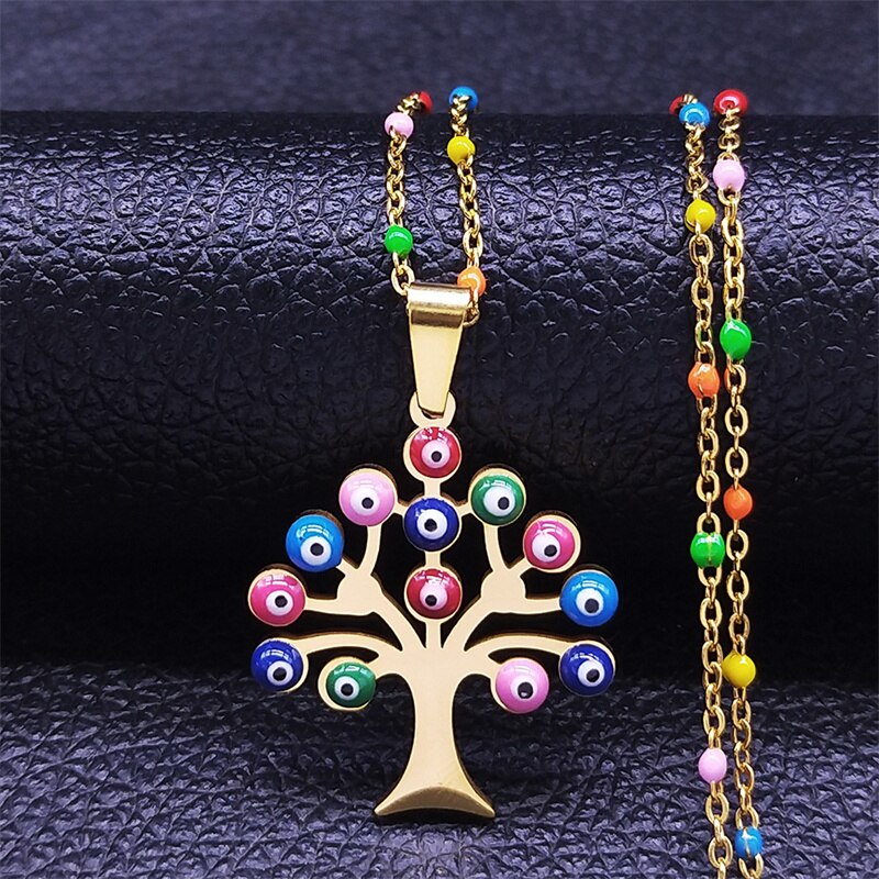 Bohemia Stainless Steel Colorful Turkey Eyes Necklaces Pendants Women Gold Color Tree of Life Necklaces jewlery collier N5206S04