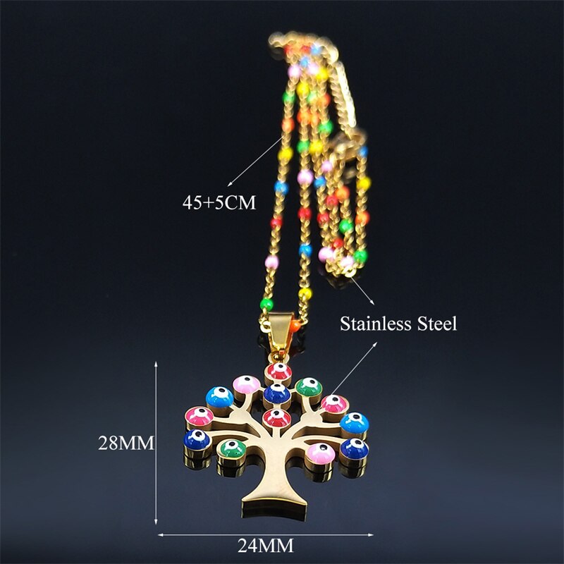 Bohemia Stainless Steel Colorful Turkey Eyes Necklaces Pendants Women Gold Color Tree of Life Necklaces jewlery collier N5206S04