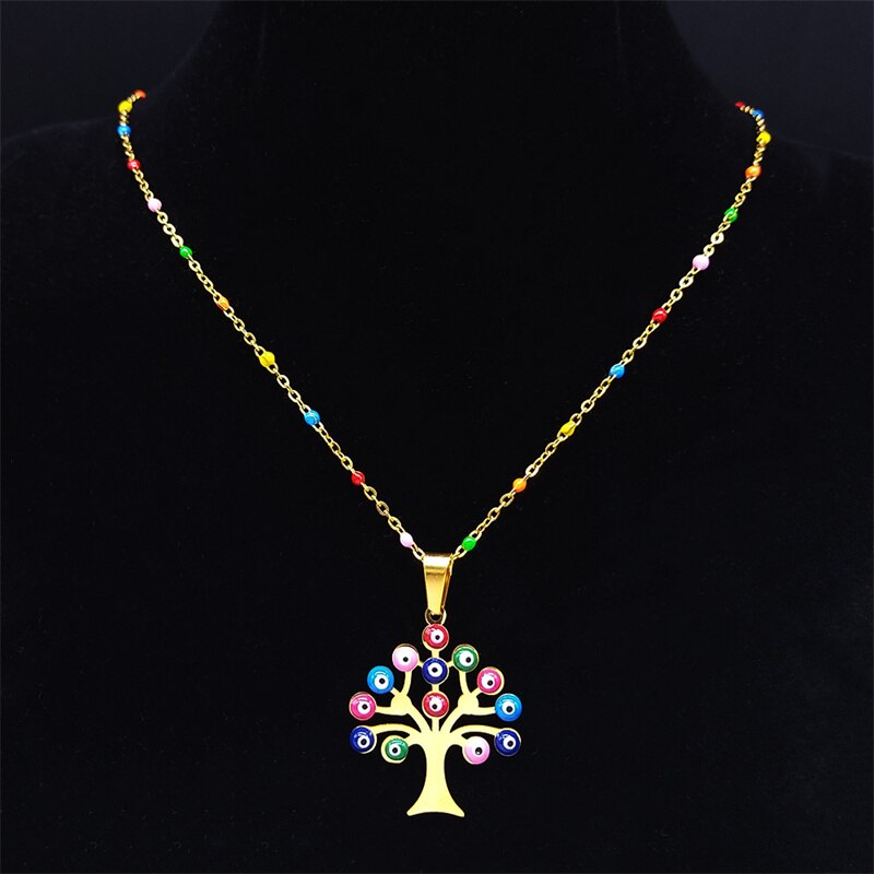 Bohemia Stainless Steel Colorful Turkey Eyes Necklaces Pendants Women Gold Color Tree of Life Necklaces jewlery collier N5206S04