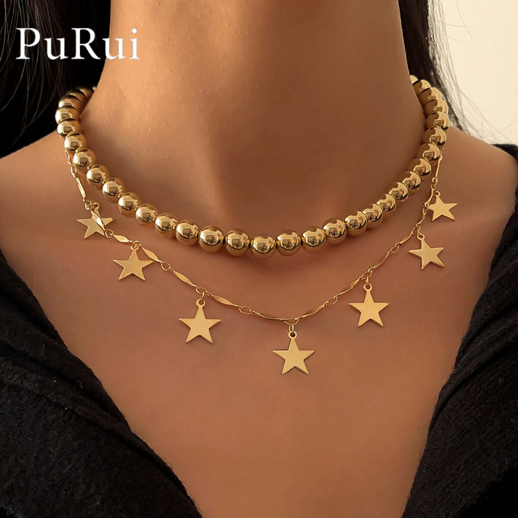 Bohemia Star Choker Necklace Women's Neck Chain Gold Color Hiphop Punk Ball Beads Necklace Kpop Collier Femme Chocker Jewelry