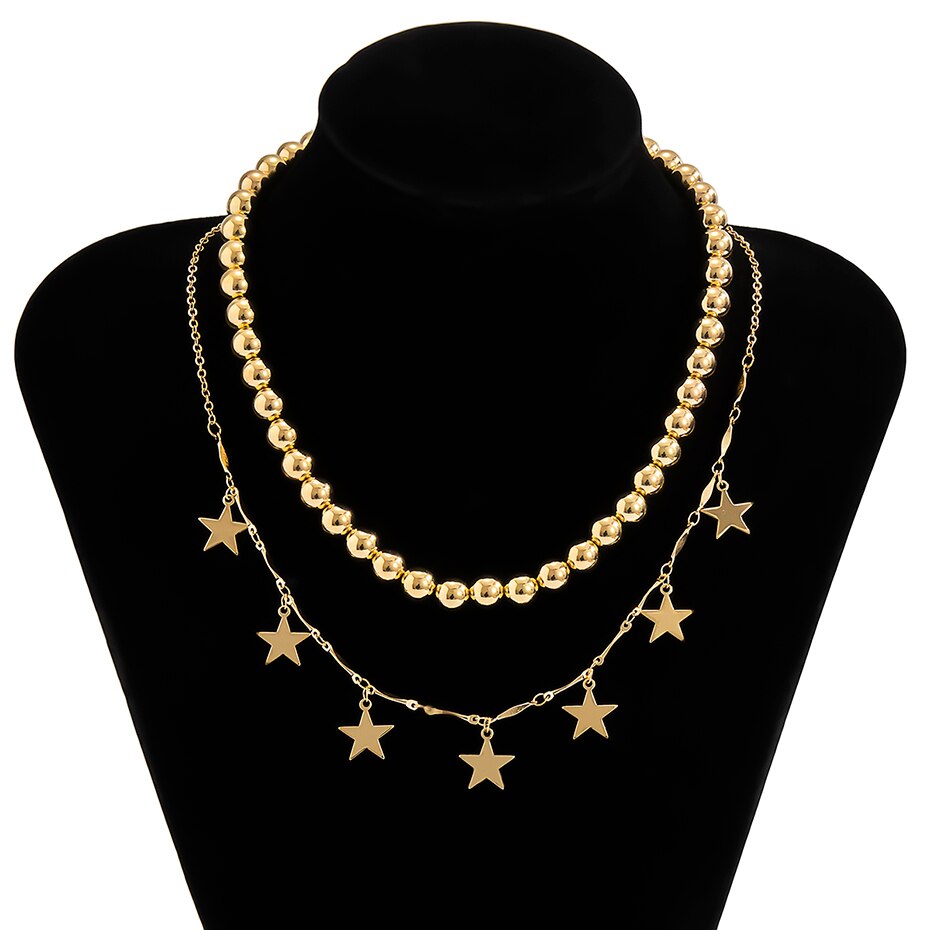 Bohemia Star Choker Necklace Women's Neck Chain Gold Color Hiphop Punk Ball Beads Necklace Kpop Collier Femme Chocker Jewelry