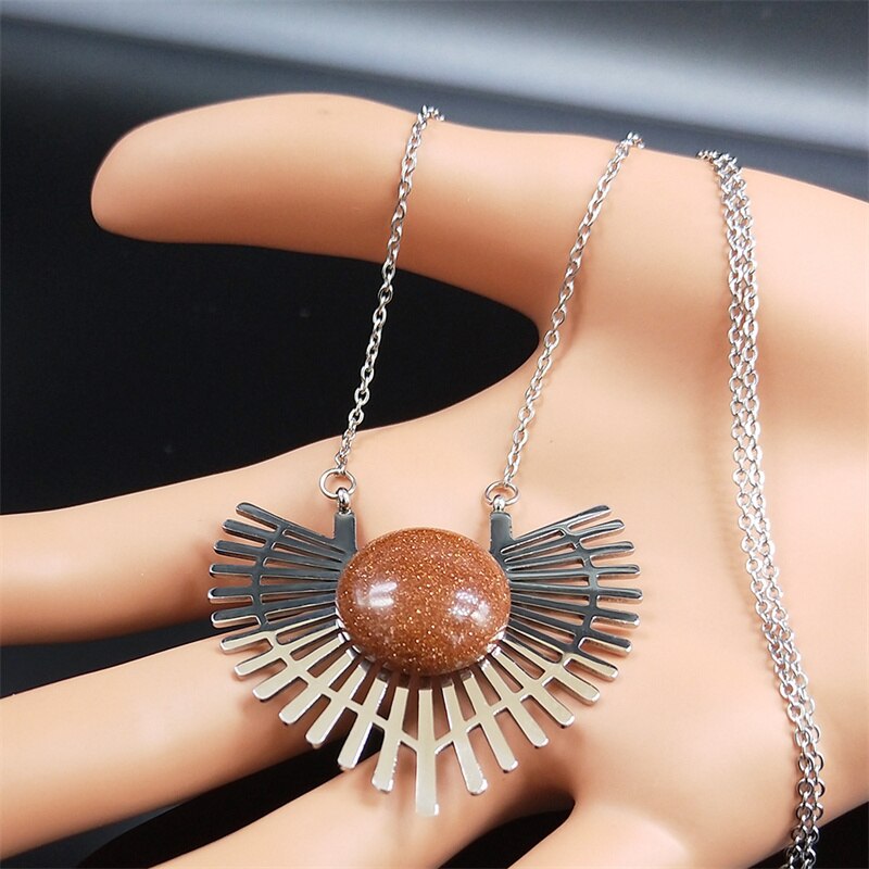 Bohemia Stone Stainless Steel Flower Chain Necklaces Women Silver Color Necklaces Jewelry cadenas de acero inoxidab N9207S04