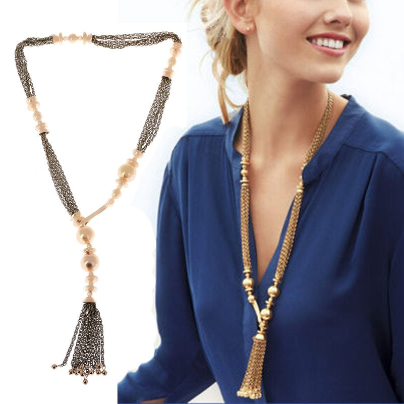 Bohemia Style Retro Gold Beads Tassel Necklaces Pendants Multi-layer Long Chain Female Vintage Necklace Fashion Women Jewelry