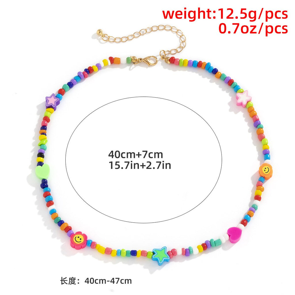Bohemia Style Smiling Face Bead Necklace Colorful Rice Bead Aesthetic Necklace for Women  Girl Gift Jewelry